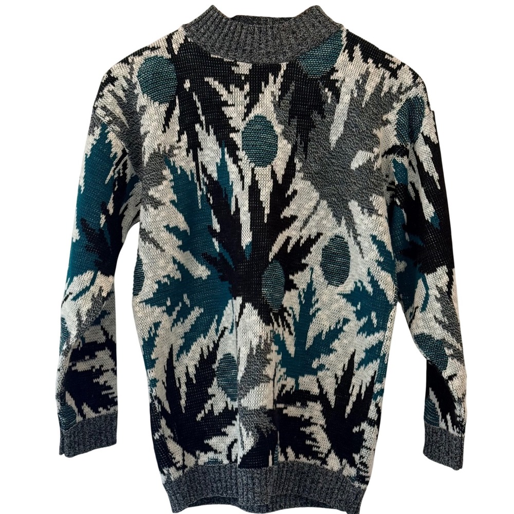 Vintage Kenneth Too! Abstract Graphic Knit Sweater Teal Black White Mens Medium
